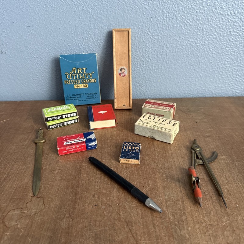 Vintage Lot Variety Office Boxes Staples Tacks Compass Faber Pen Crayons Etc