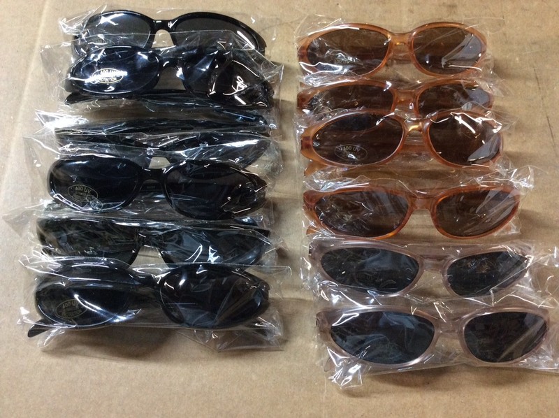 NEW ASSORTED BOX OF SUNGLASSES SUN GLASSES SET OF 12 GLASS COLORED MEDIUM LENS