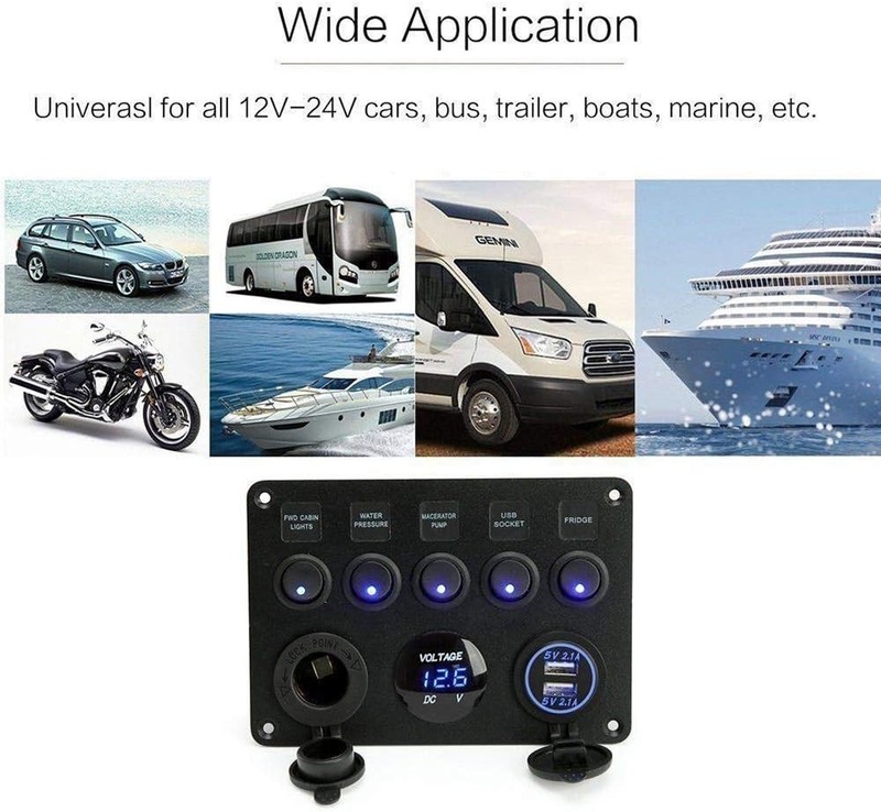 Efficient 5 Position Rocker Switch Panel with USB Charging for Marine & Vehicles gallery