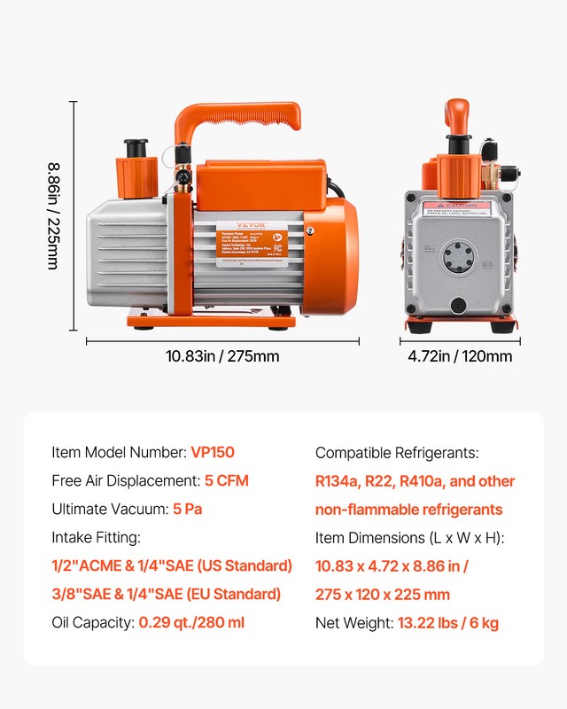 VEVOR Vacuum Pump 5 CFM HVAC Single Stage Rotary Vane Vacuum Pump Oil Included gallery