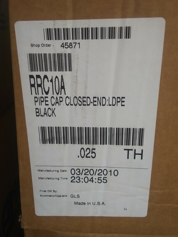 ALLIANCE PLASTICS CLOSED END PIPE CAP RRC-6, -8, -10, -12, NPT, LDPE BLK (qty-2) gallery