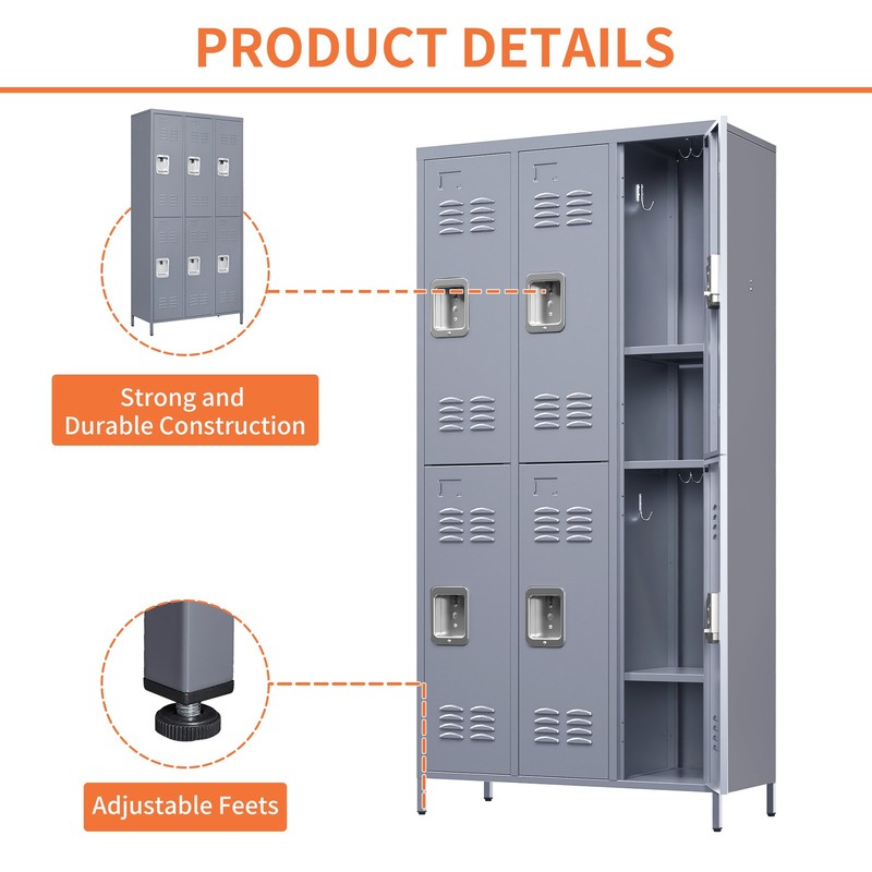 6 Door 72"H Metal Storage Locker Cabinet with Lock, Gray gallery
