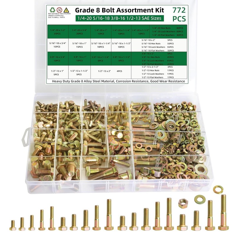 772PCS Grade 8 Bolt Nut Assortment Kit SAE Hex Heavy Duty Hardware Set
