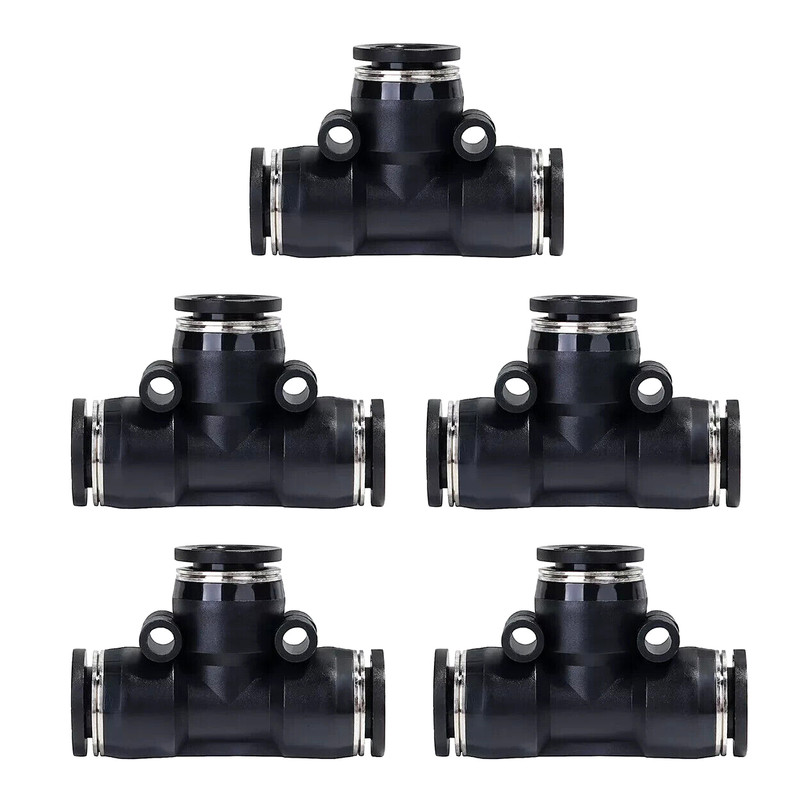 Push To Connect Fittings Tee Fits For 1/4" OD Pneumatic Air Line Hose Black 5Pcs gallery