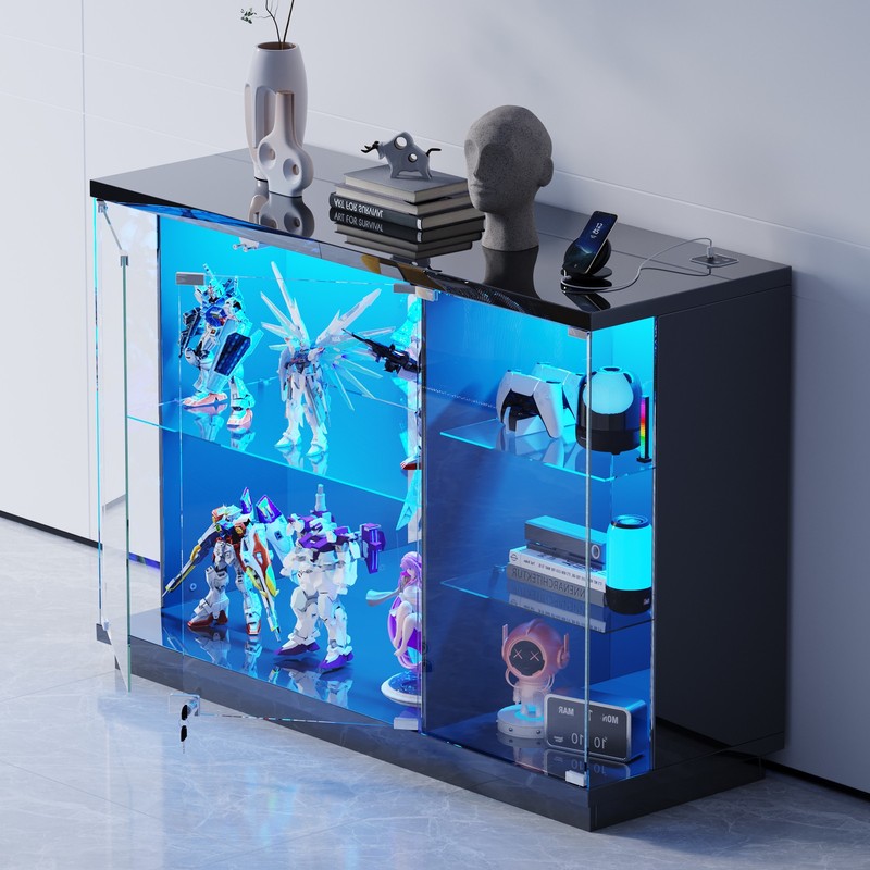 Glass Display Cabinet with RGB LED Lights, Lockable Curio Cabinets w/ Human Body