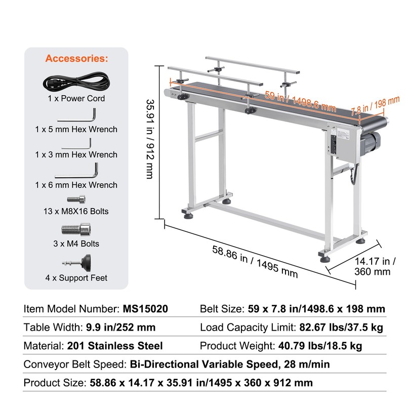 VEVOR Belt Conveyor PVC Stainless Steel Belt Conveyor 59"x7.8" Double Guardrail gallery