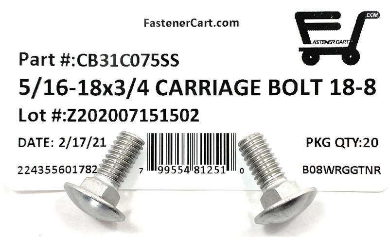 (20) 5/16-18 x 3/4 Carriage Bolts 18-8 Stainless Steel - Fast Free Shipping gallery