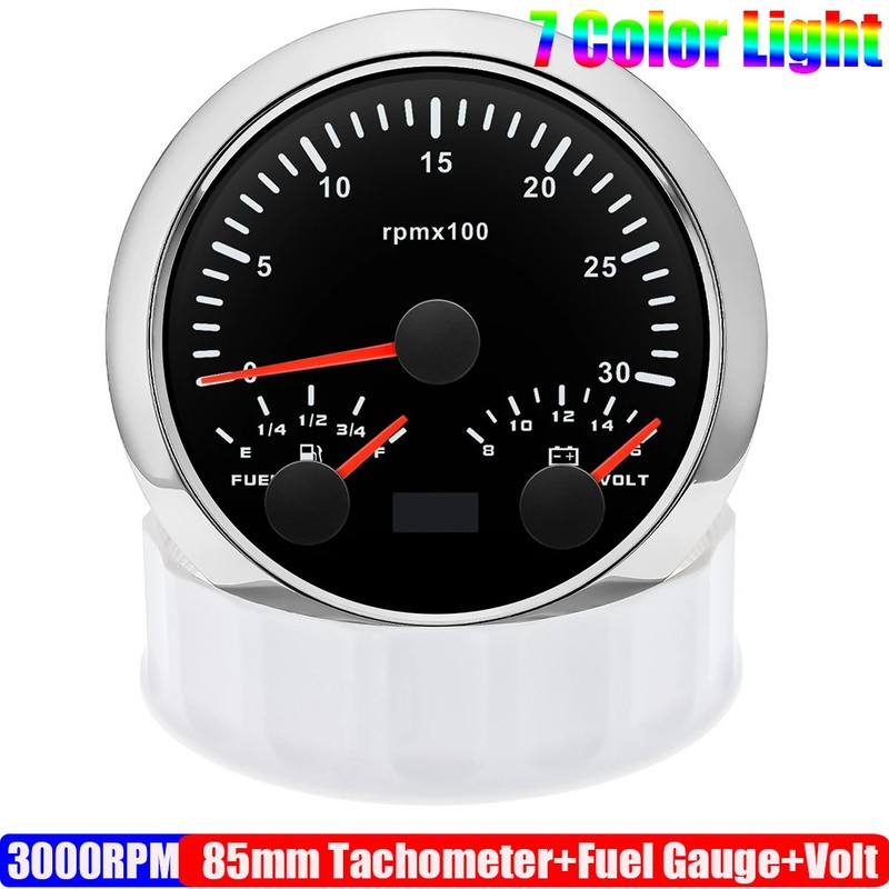 85mm Gauge 3 IN 1 Tachometer Fuel Level Guage Voltage Sensor 0-190 ohm Car Boat