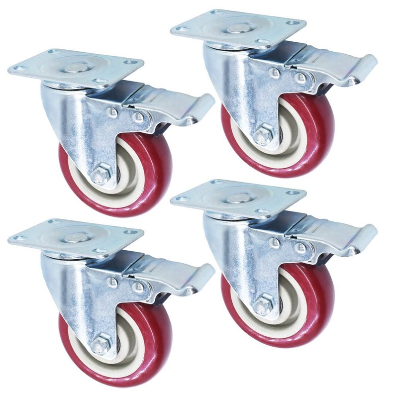 4 Pack 4″ Caster Wheels Swivel Plate Total Lock Brake Red Polyurethane PU