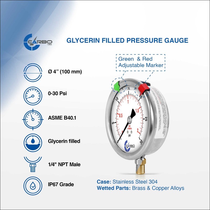 4" Pressure Gauge, Stainless Steel Case, Liquid Filled, Lower Mnt 30 PSI gallery