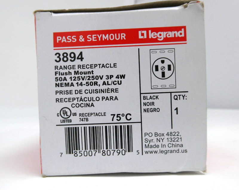 Legrand 3894 Range Receptacle Flush Mount 50A. 125V/250V. NEMA 14-50R. AL/CU gallery
