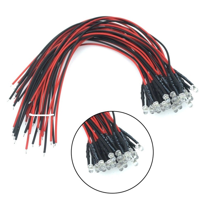 100x White LED Single Bulb Small Light Wire 5V-12V DC 3mm Bright Round Top Clear gallery