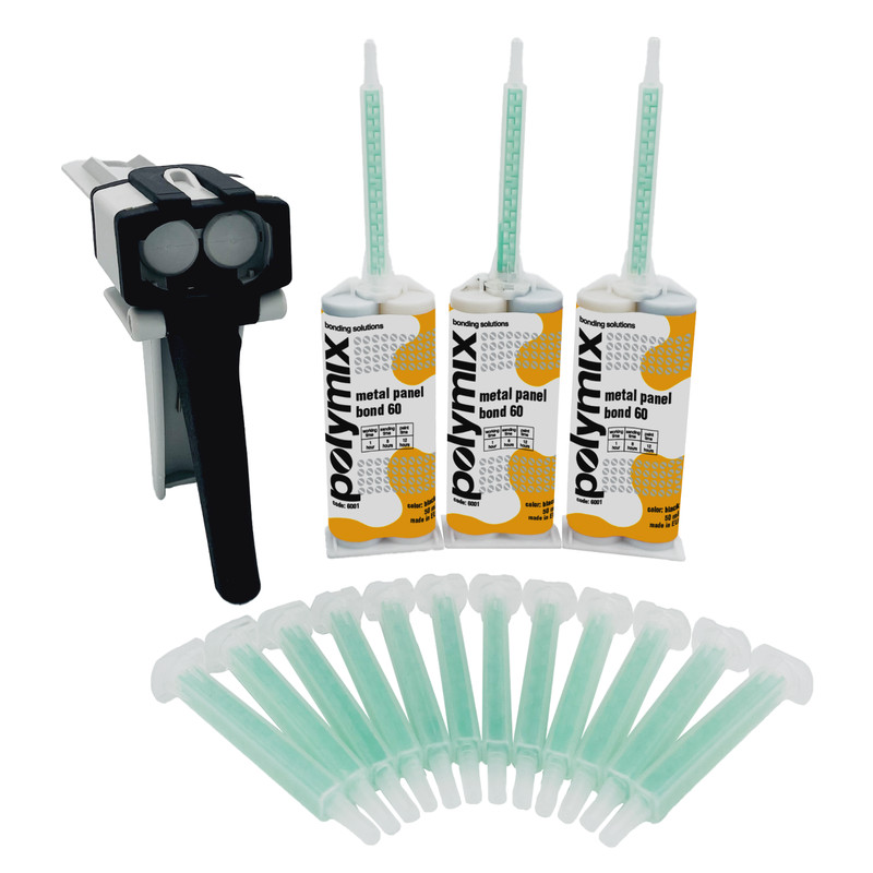 Polymix Metal Panel Bond 60 Adhesive Kit – 3 x 50ml Tubes, 12 Mixing Tips & Gun