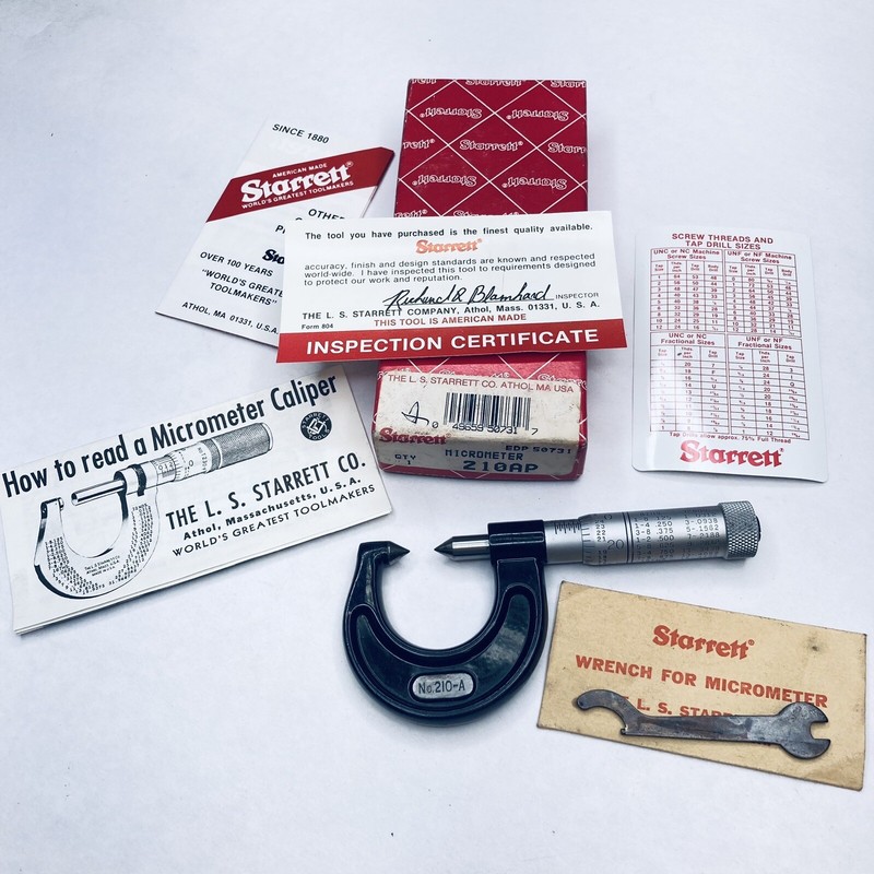 STARRETT 210AP-1 Screw Thread Micrometer 0 – 7/8″ Range – .001″ Grad w/Box