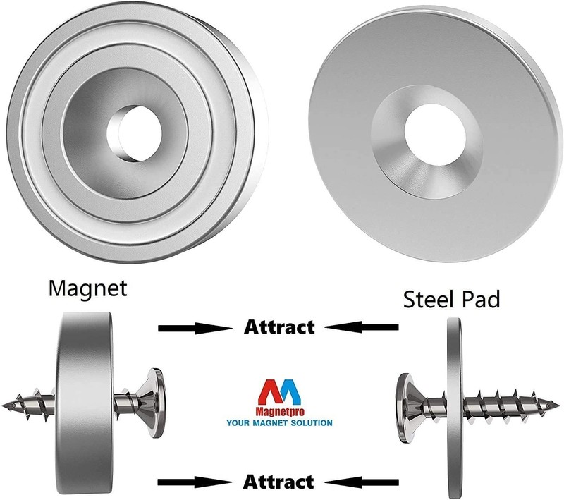12pc Neodymium Pot Magnets 25LB Pull Force with Countersunk Hole & Steel Pads gallery