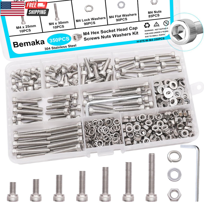 350PCS M4 Screw Kit M4×6/8/12/16/20/25/30 mm Hex Socket Head Cap Screws with Nut