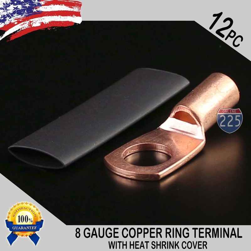 12 PCS 8 AWG GA Copper Ring Terminal Heat Shrink 3/8″ Hole Stud Lug Connector US