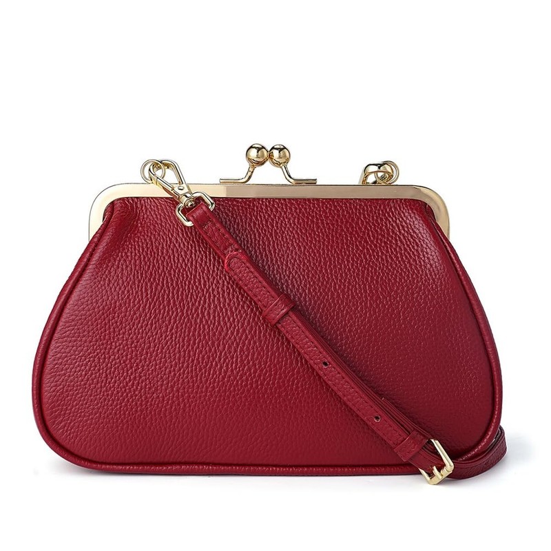 Kiss Lock Shoulder Handbag for Women Genuine Leather Handbags Kiss Clasp Shou…